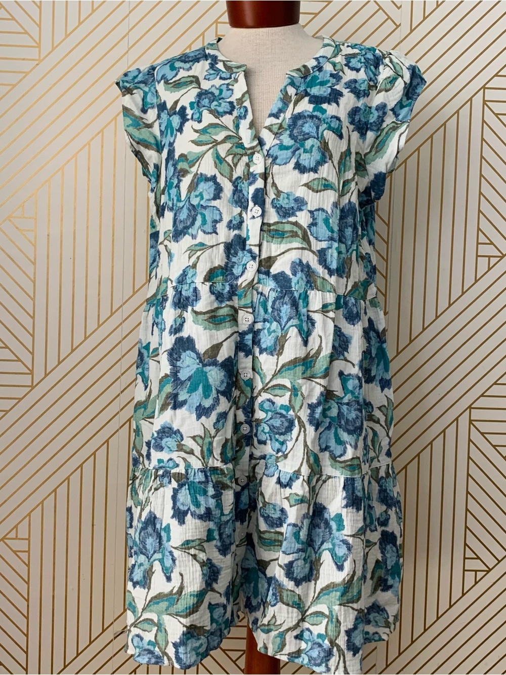 Garnet Hill Organic Cotton Shirt Dress Blue Floral Tiered Mini Dress Sz L Large